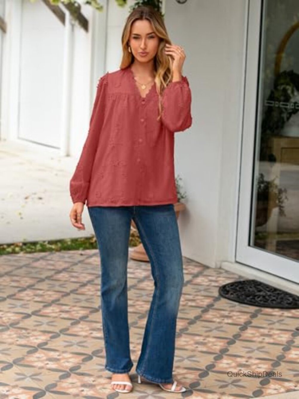 Women's 3D Floral Embroidered Blouse V Neck Button Lace Long Sleeve Boho Top - Picture 5 of 6